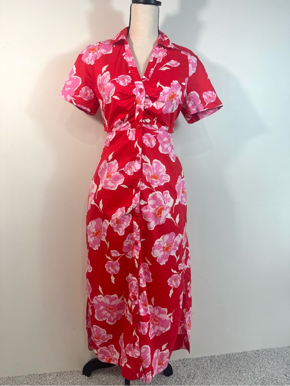 Old Navy Floral Cottage Core Midi T Shirt Dress Cutouts Cotton Pink Red XS